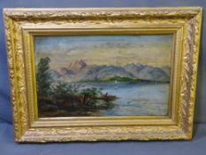 UNSIGNED GILT FRAMED OIL ON CANVAS - mountainscape with fisherman in a boat on a lake to the