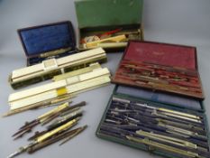 A CASED AND LOOSE QUANTITY OF DRAWING INSTRUMENTS, surveyor's and other slide rules with a vintage
