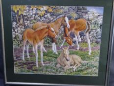 CHARLES FREDERICK TUNICLIFFE charming coloured print depicting four horse foals before a stone built