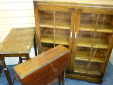 A VINTAGE GLAZED FRONT TWO DOOR OAK BOOKCASE, Mahogany Sutherland and a rectangular top oak side