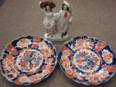 A GOOD SIZED PAIR OF IMARI CHARGERS, 36cms diameter and a Staffordshire flat back