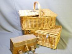 TWO WICKER PICNIC BASKETS and a vintage, possibly medical, carrying bag with Broad Arrow mark, dated