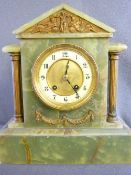 A VICTORIAN GREEN ONYX MANTEL CLOCK depicting Greek mythical characters and columns with key,