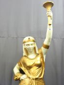 A CLASSICALLY STYLED FLOOR STANDING FIGURAL LAMP of an Egyptian girl with painted gilt detail