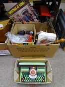 A BOX OF MISCELLANEOUS COLLECTABLES including Mettoy Supertype toy typewriter, LP records ETC
