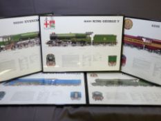 A SET OF FIVE FAMOUS STEAM LOCOMOTIVE FRAMED PRINTS including 4472 Flying Scotsman, 4498 Sir Nigel