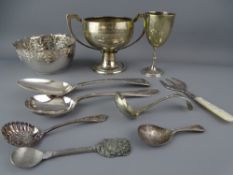A TWIN HANDLED SILVER TROPHY CUP for scrappage, 5 troy ozs Birmingham 1937, a fiddle pattern