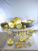 A LARGE COLLECTION OF BRASS to include five jam pans, a ship's compass by F Nelson Liverpool, a coal