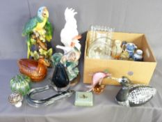 TWO LARGE CERAMIC BIRD FIGURINES WITH OTHERS, a mixed quantity of art form and other glassware ETC