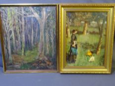 CONTINENTAL SCHOOL oil on board - young girl with chickens in a woodland setting, 36 x 26cms and J