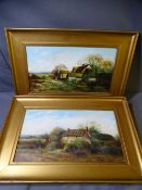 M JONES oils on canvas, a pair, - two farmstead views with woman feeding poultry, both signed,