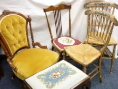 SELECTION OF CHAIRS, an Edwardian walnut neat lady's elbow chair, a stained and polished spindle
