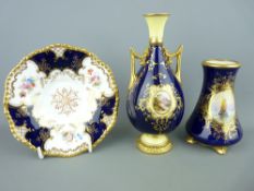 COALPORT CABINET CHINA, hand painted vases, 16.5 x 11cms heights and a blue 'Batwing' saucer