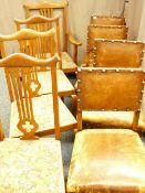 TWO SETS OF VINTAGE OAK DINING CHAIRS including a (3 + 1) set, high back with pierced central