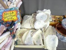 VINTAGE HOUSEHOLD LINEN & CANTILEVER SEWING BOX AND CONTENTS along with a quantity of satin and