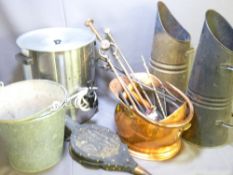 A BABY BURCO WATER BOILER, a pair of galvanized pails, three coal scuttles with fireside accessories