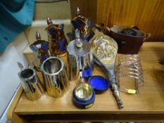 AN ELECTROPLATE THREE PIECE TEA SERVICE, a trio of copper lustre jugs, a vintage Zeus cased set of