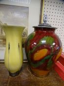 TWO ITEMS OF ART FORM GLASSWARE to include a chrome top lamp base and a stylized pattern vase
