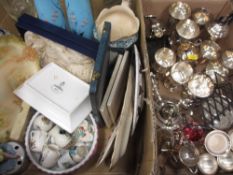 A BOX OF ASSORTED CHINA AND GLASSWARE including Goss, boxed Worcester plates, a pair of milk glass