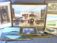 A GROUP OF FRAMED PICTURES AND PRINTS including a Don Breckan evening city scene with trams, 50 x