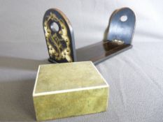 A SHAGREEN COVERED TRINKET BOX, 5cms height, 11.25cms width, 10cms depth with a Gothic style gilt