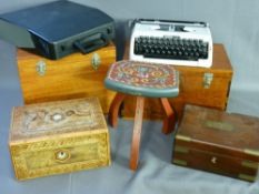 TWO VICTORIAN BOXES and two others, a barge painted stool and a Brother 210 typewriter, cased