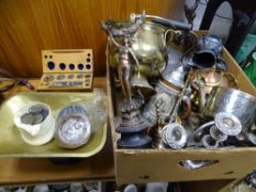 A LARGE PARCEL OF MISCELLANEOUS METALWARE including copper kettle, spelter figurines, vintage scales