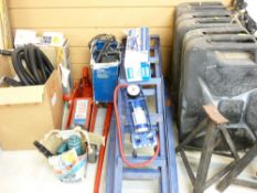 MOTOR MAINTENANCE EQUIPMENT - a pair of car ramps, a Draper car jack, Draper foot pump, three