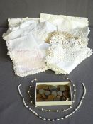 29CT GOLD AND CULTURED PEARL NECKLACES WITH a parcel of mixed coinage and vintage linen