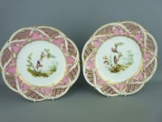 A PAIR OF PIERCED CABINET PLATES with hand painted exotic bird decoration, Lozenge mark registration