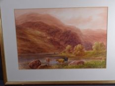 SCOTT watercolour - lakeside cattle before a mountainous view, 33.5 x 49cms