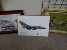 A QUANTITY OF WATERCOLOURS, PAINTINGS & PRINTS ETC including one of a Tornado GR.1, signed 'Many