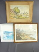 J WALTON BURNETT watercolour study - church spire and roadside inn near a river, 36.5 x 52cms