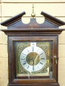 A REPRODUCTION GRANDMOTHER CLOCK with brass dial, two tier light oak coffee table with end of