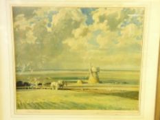 EDWARD SEAGO (1910-1974) colourful guild stamped print - a ploughman and team before a windmill,