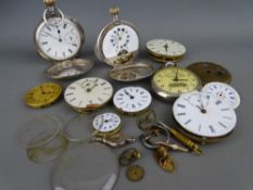 A VINTAGE TIN OF POCKET WATCHES AND PARTS including two silver cased full hunters, one being an