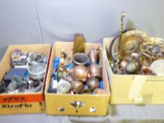 A QUANTITY OF COPPER, BRASS, SILVER PLATE AND WHITE METAL ITEMS in three boxes