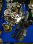 A LARGE PARCEL OF ELECTROPLATE WARE, slate clocks, carved figure ETC