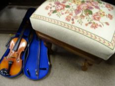 A MODERN CASED VIOLIN AND BOW and a neatly upholstered tapestry topped music stool
