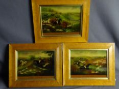 THREE FRAMED CRYSTOLEUM TYPE HUNTING PRINTS in the antique style, titled 'Breaking Cover', 'Full