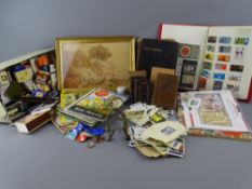 A MIXED GROUP OF COLLECTABLES to include a small early framed watercolour painting, postage
