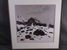 SIR KYFFIN WILLIAMS RA coloured print - farmer and two dogs in a snowy hillscape, printed