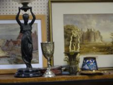 A VICTORIAN FIGURAL OIL LAMP, vintage metalware ETC to include a Continental Art Nouveau dish