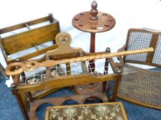 TWO VINTAGE OAK STICK STANDS, a mahogany billiard cue stand, a cane work elbow chair and an
