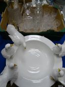 AN ITALIAN BASIN with porcelain doves to the top and a box of miscellaneous glassware ETC