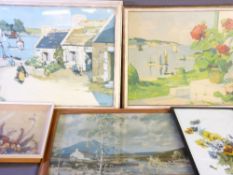 R WINTZ two colourful prints, a hand painted glass panel of pansies, a framed print by Owen Reynolds