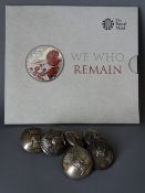 SIX CEREMONIAL WHITE METAL AND BRASS BUTTONS, by Pitt and Co London, each with a crown and dog motif