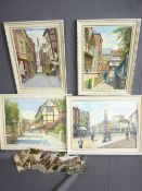 J EVANS oils on board, two pairs - all of historical Coventry city scenes, 34 x 24cms and 29 x 39cms