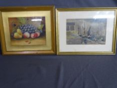 C H MILLS oil on board - still life fruit with butterfly and an unattributed watercolour of a