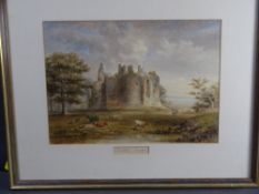 A GALLETLEY WATERCOLOUR STUDY OF DIRLETON CASTLE RUIN with figures and cattle to the foreground,